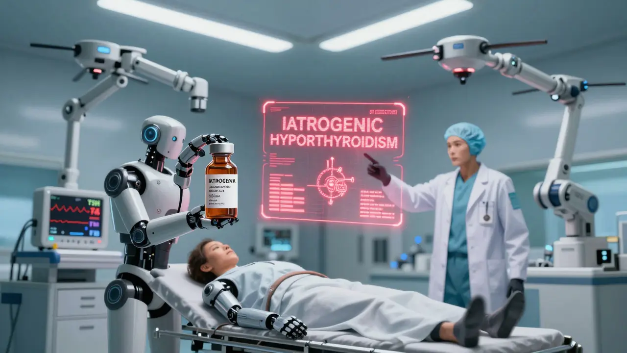 A patient in an ER with robotic diagnostic arms and glowing warning signs for dangerous thyroid levels.