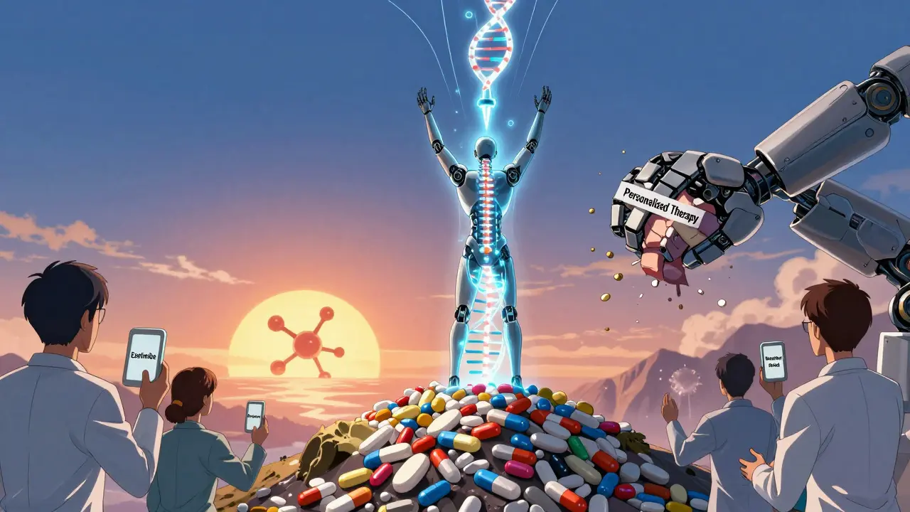 A patient receiving a glowing RNA injection as a mountain of pills crumbles below.