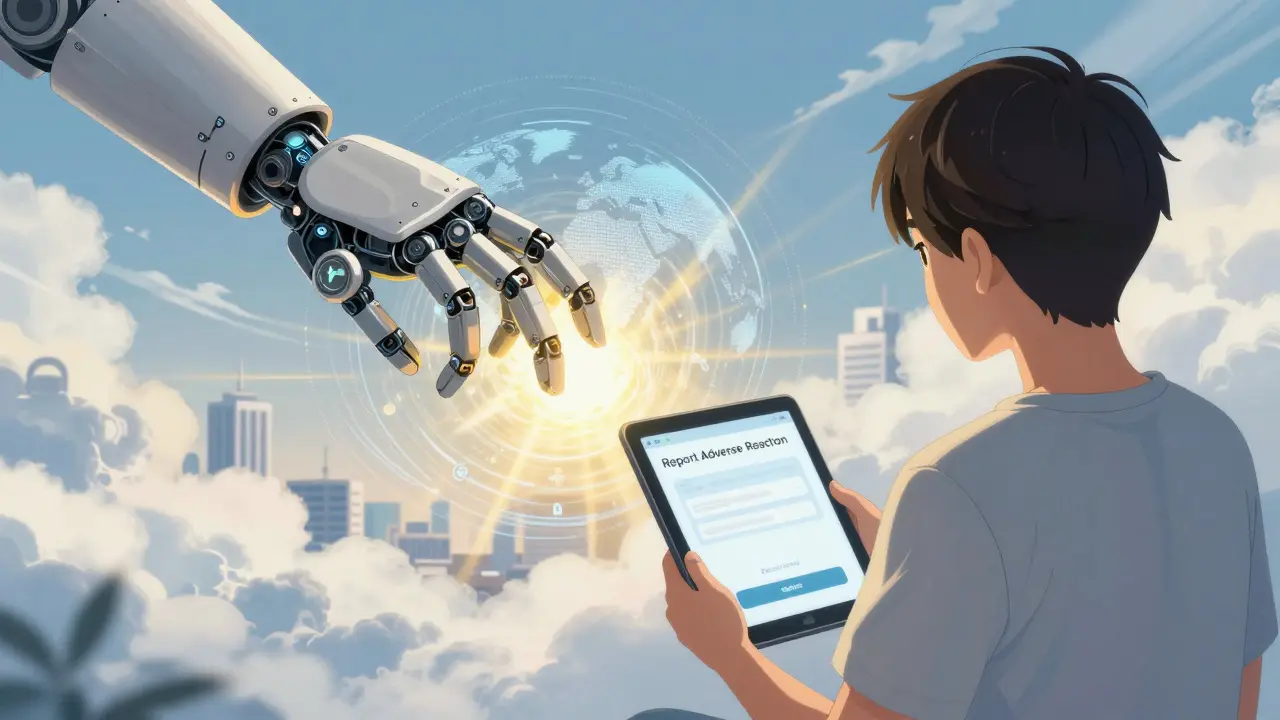 A patient submits a report as a giant mechanical hand collects it into a global safety network.