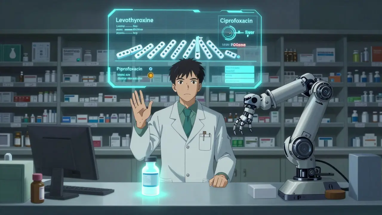 A pharmacist facing empty medication shelves, with a holographic domino effect showing the causes of drug shortages.