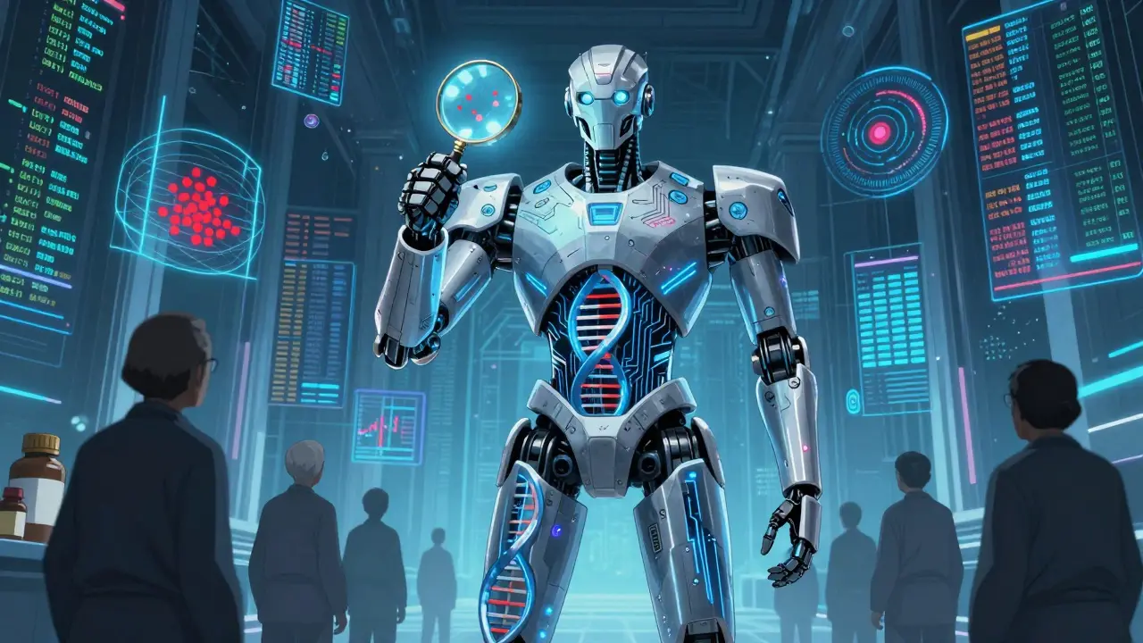 A robotic analyst examines floating medical databases in a data cathedral, isolating a hidden adverse event pattern.