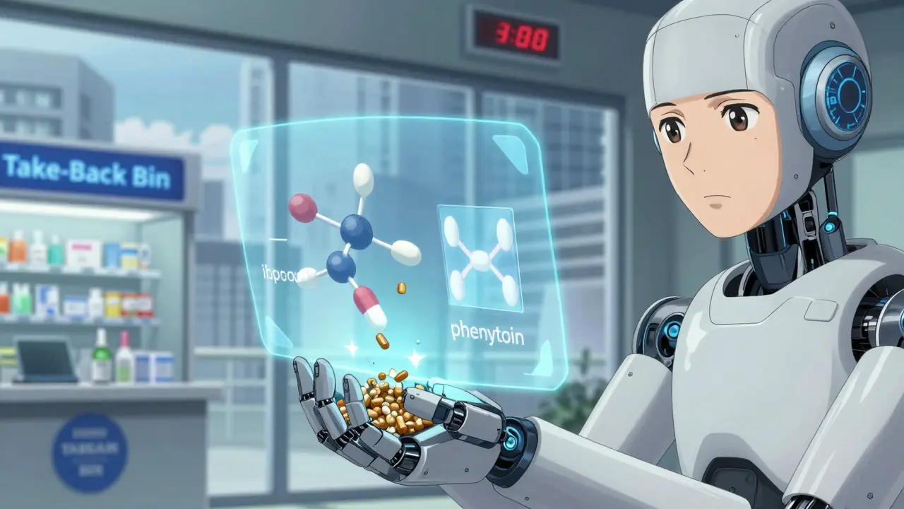 A robotic arm crushes expired pills while holograms show molecular degradation of medications.
