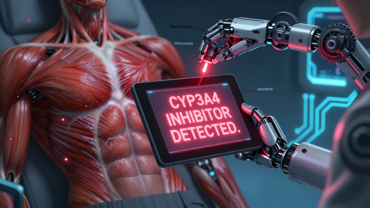 A robotic pharmacist's hand triggers a red alert as drug interactions pulse crimson through mechanical limbs.