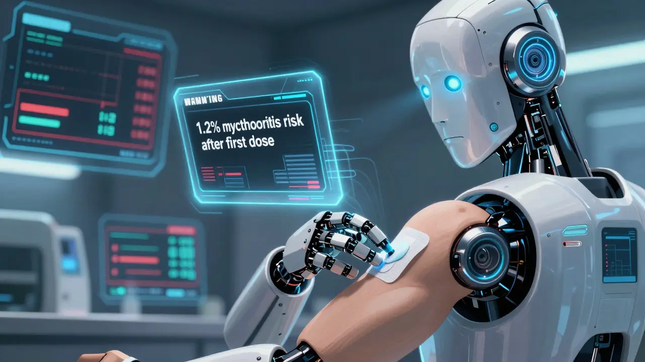 A robotic pharmacist administers a fentanyl patch while a holographic risk warning hovers above with real-time data.