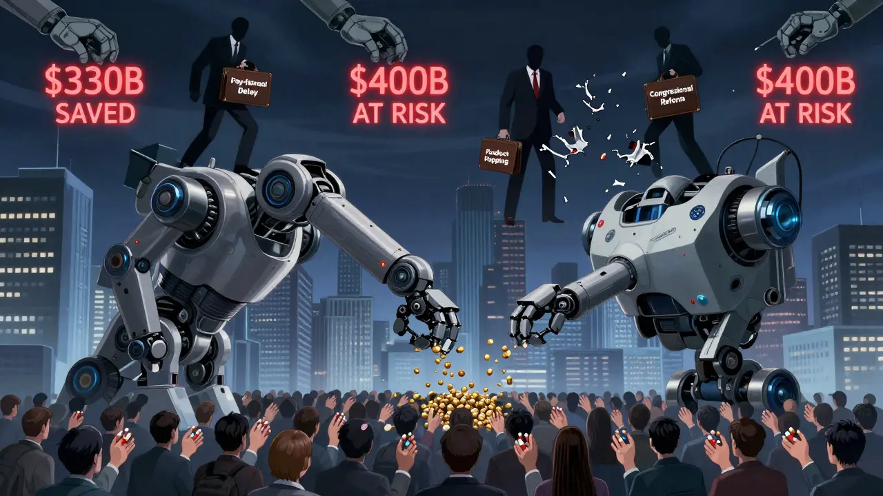 A robotic pharmacy arm dispenses generic pills to crowds while reform hands dismantle shady corporate tactics.