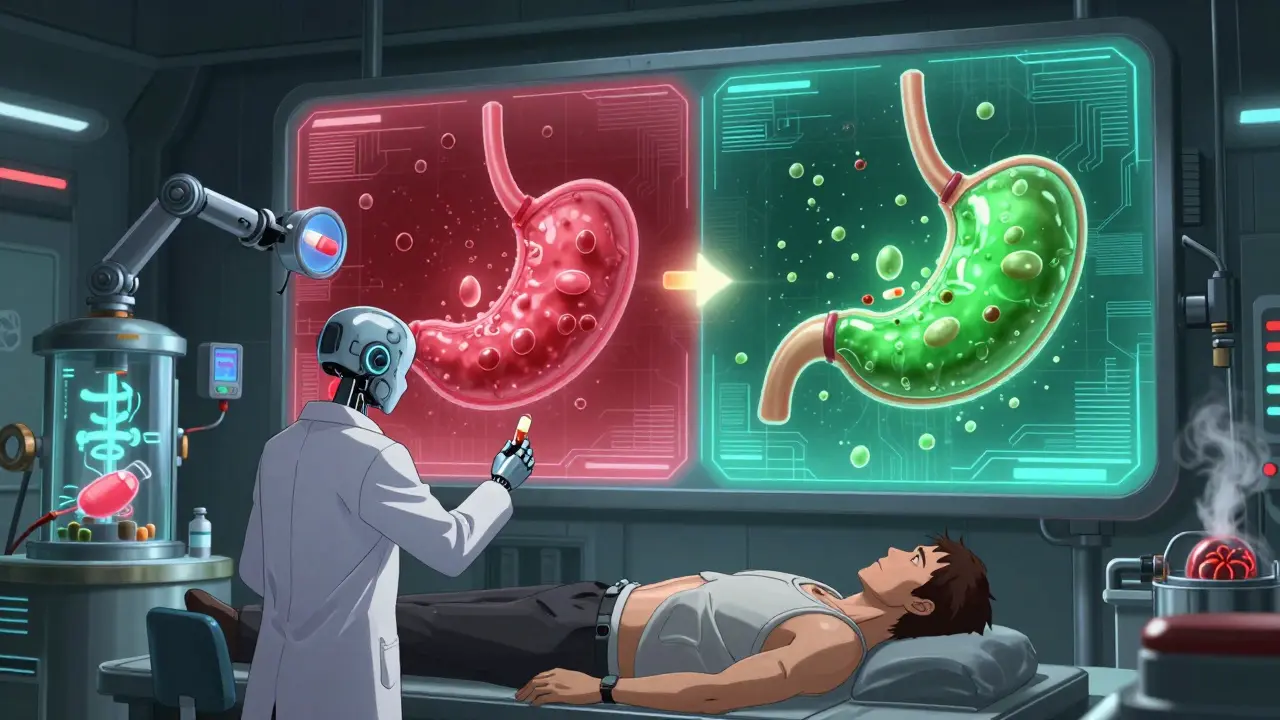 A robotic scientist giving a pill while holograms show drug absorption differences in fasted vs fed stomachs.