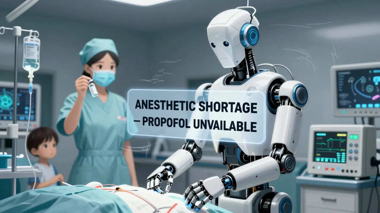 A robotic surgeon halts during an operation as a holographic alert declares 'Propofol Unavailable', with a nurse holding an empty vial.