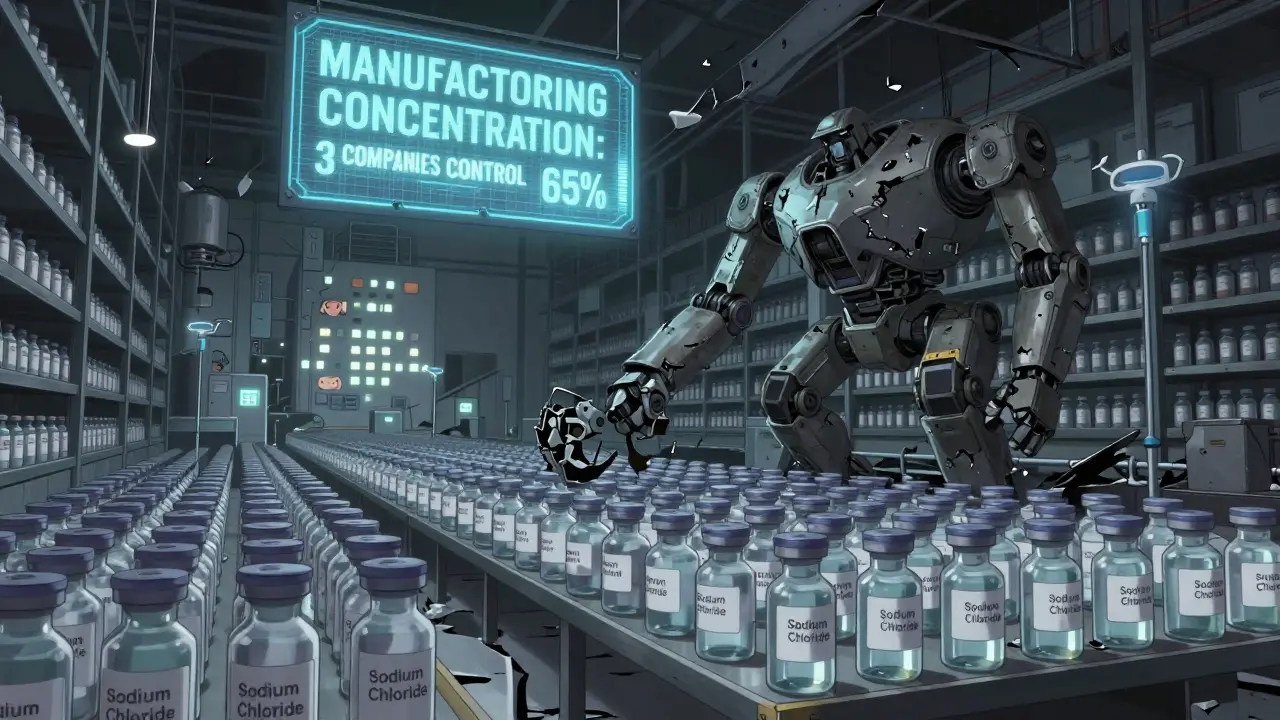 A ruined factory with broken robots and empty IV fluid shelves, while a hologram reveals three companies control 65% of supply.