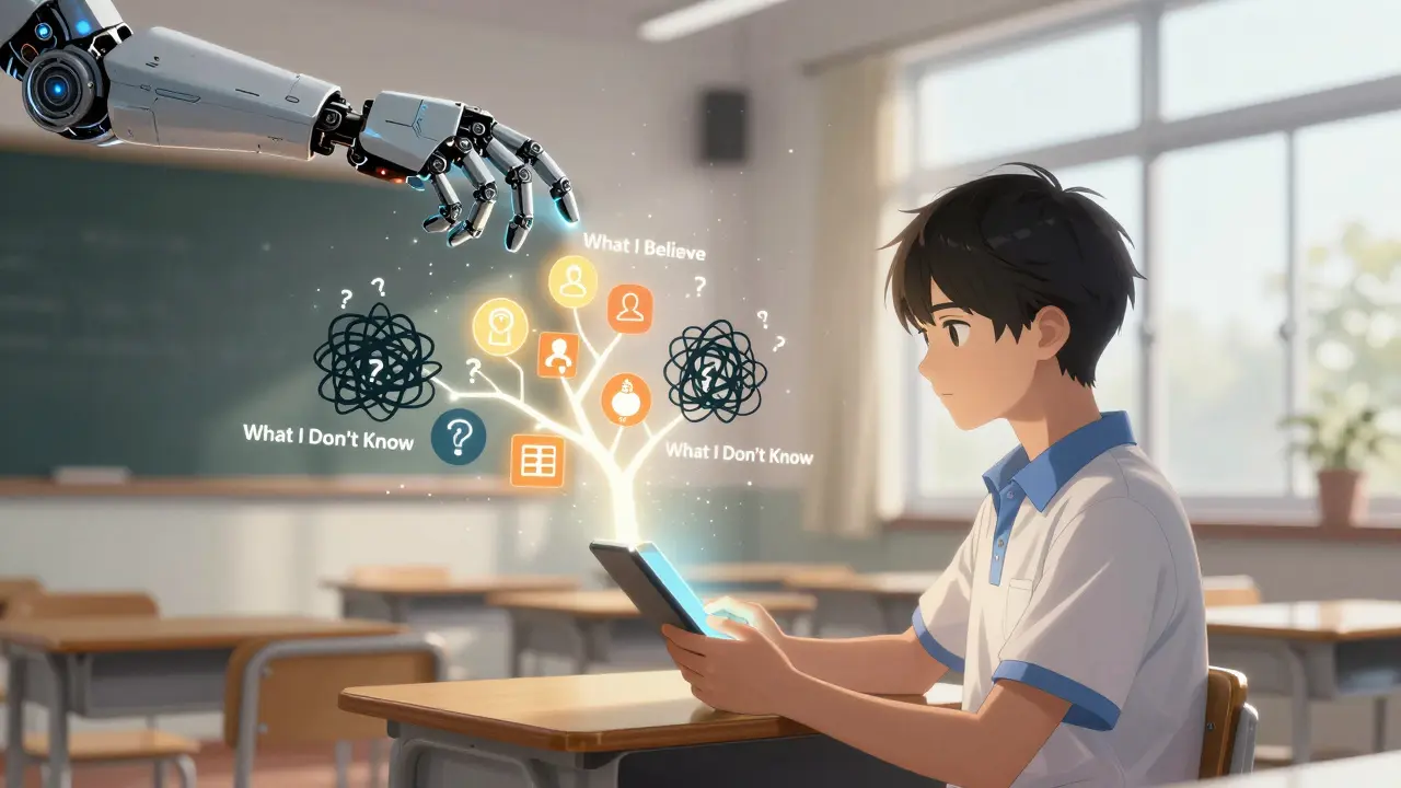 A student with a tablet showing belief vs. unknown information, guided by a robotic tutor's tool.