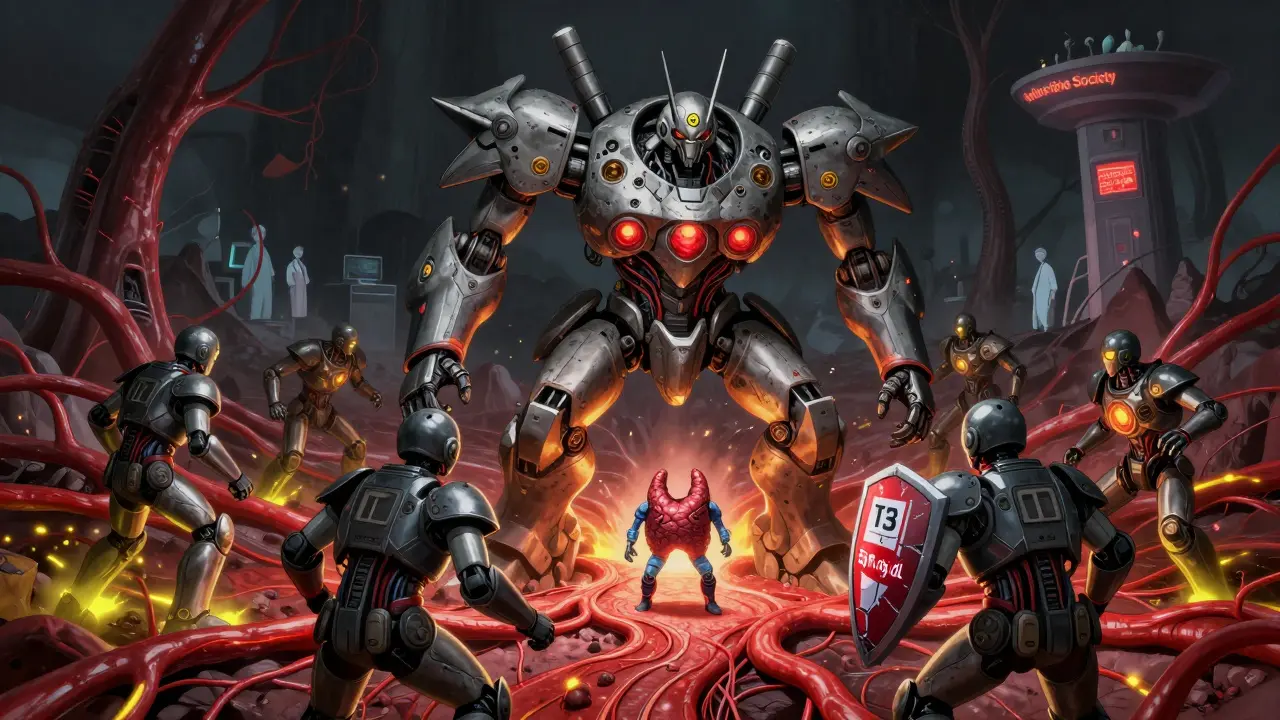 A symbolic battle inside the body between hormone soldiers and an unregulated ashwagandha mech, with elevated hormone readings.