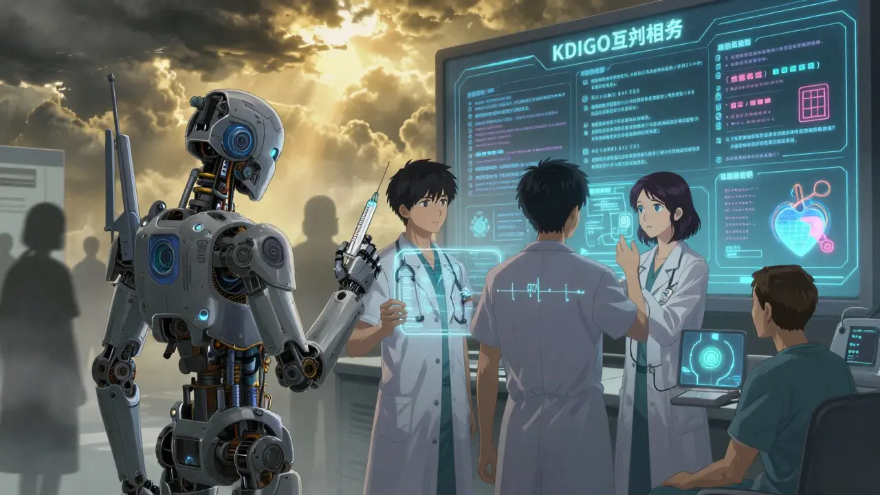 A team of biomechanical healers monitor a patient using digital KDIGO guidelines and safe pain management tools.