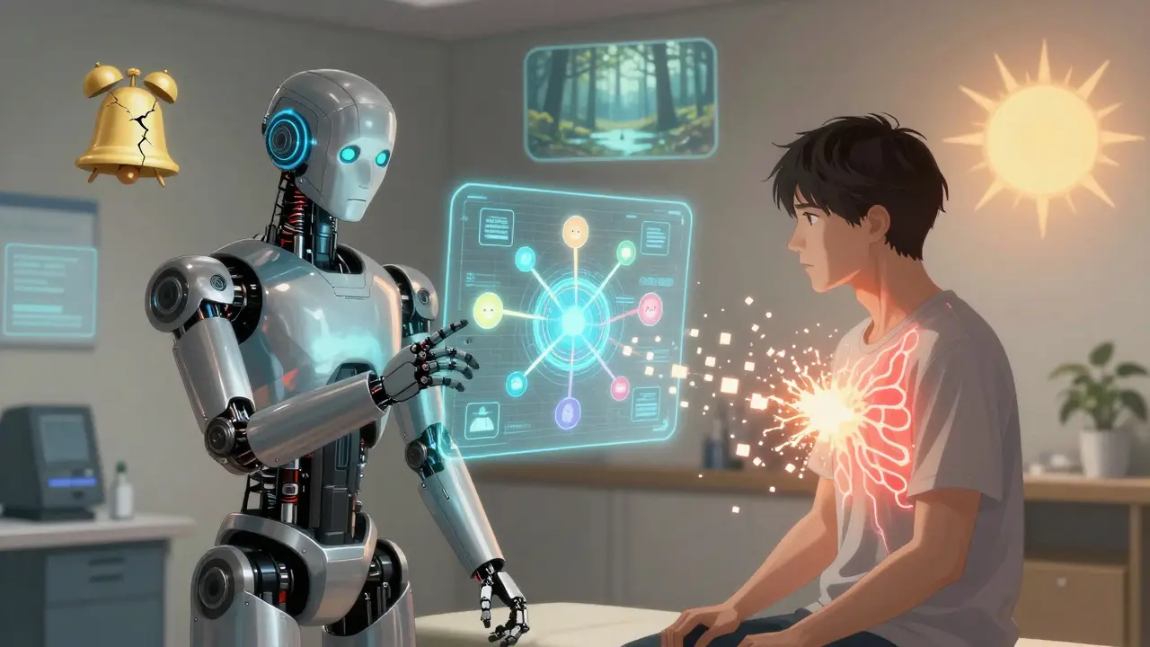 A therapist and patient viewing a holographic pain neuromatrix with emotional and environmental nodes glowing softly.