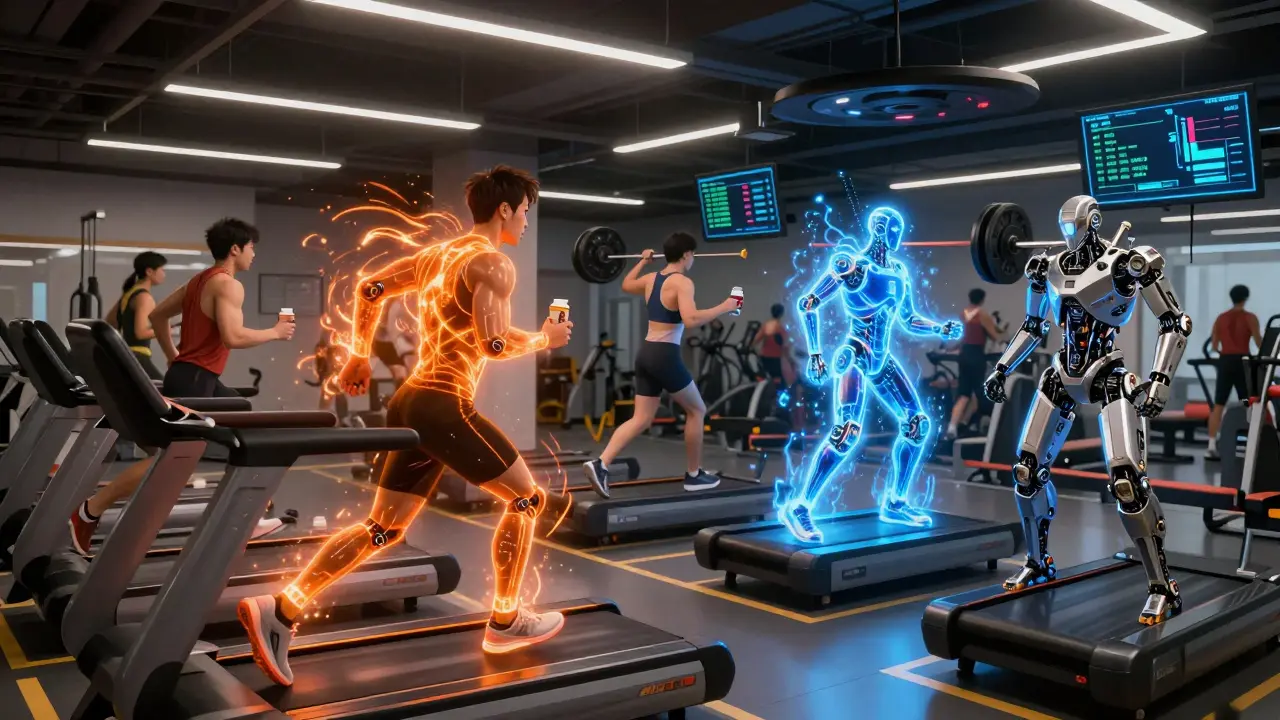 Athletes training with glowing energy trails showing fat-burning and glycogen use in a high-tech gym.
