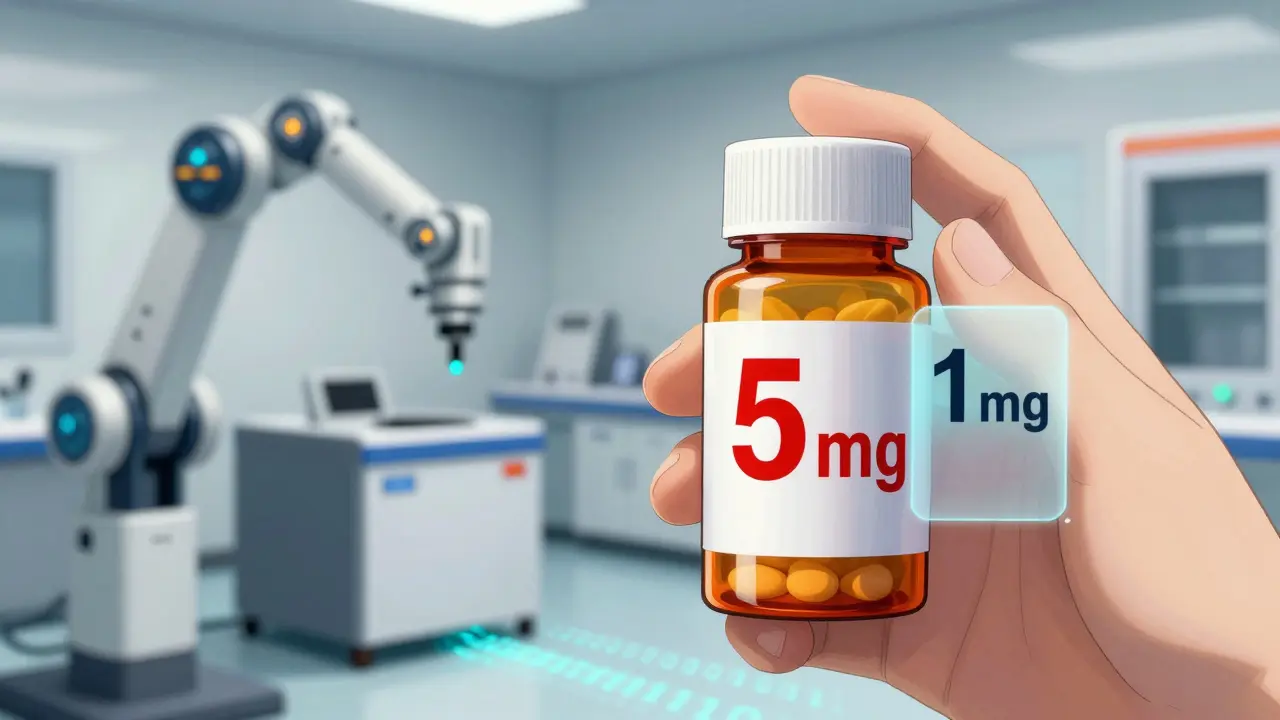 Close-up of pill bottle with incorrect dosage glowing red, correct prescription fading beside it.