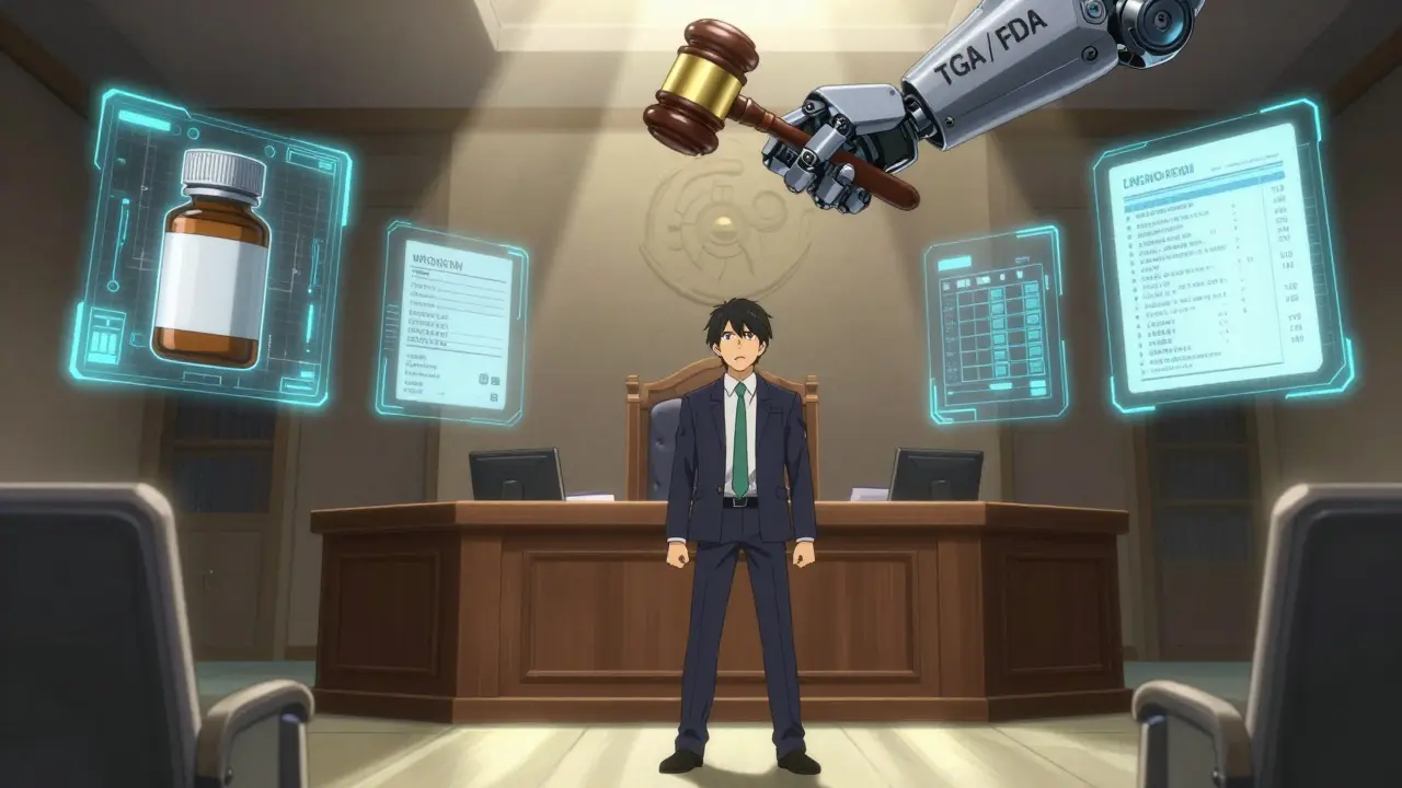Courtroom scene with floating medical evidence projections and a robotic arm holding a barcode scanner gavel.
