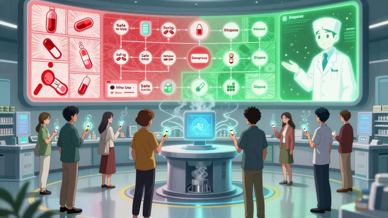 Diverse patients connect expired meds to a central AI system in a high-tech pharmacy hub with a decision flowchart above.