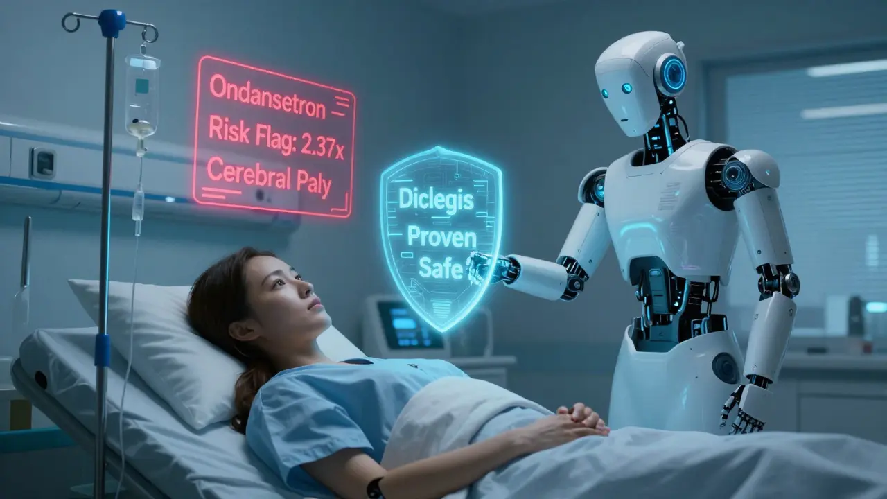 Hospital scene with a robotic nurse displaying safety warnings about ondansetron, contrasted with a safe Diclegis shield.