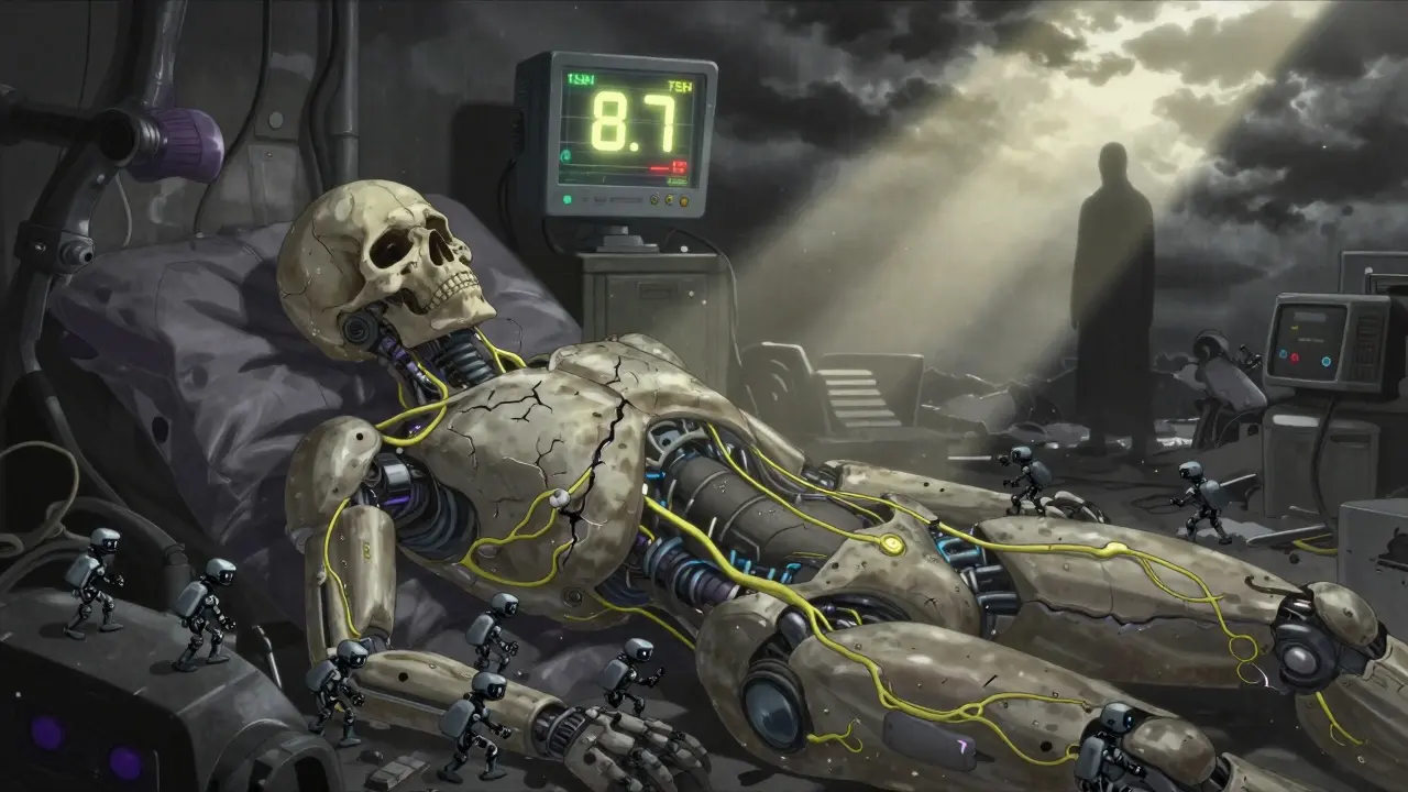 Human body as battlefield with lithium robots, tremors cracking the skull, TSH monitor at 8.7.
