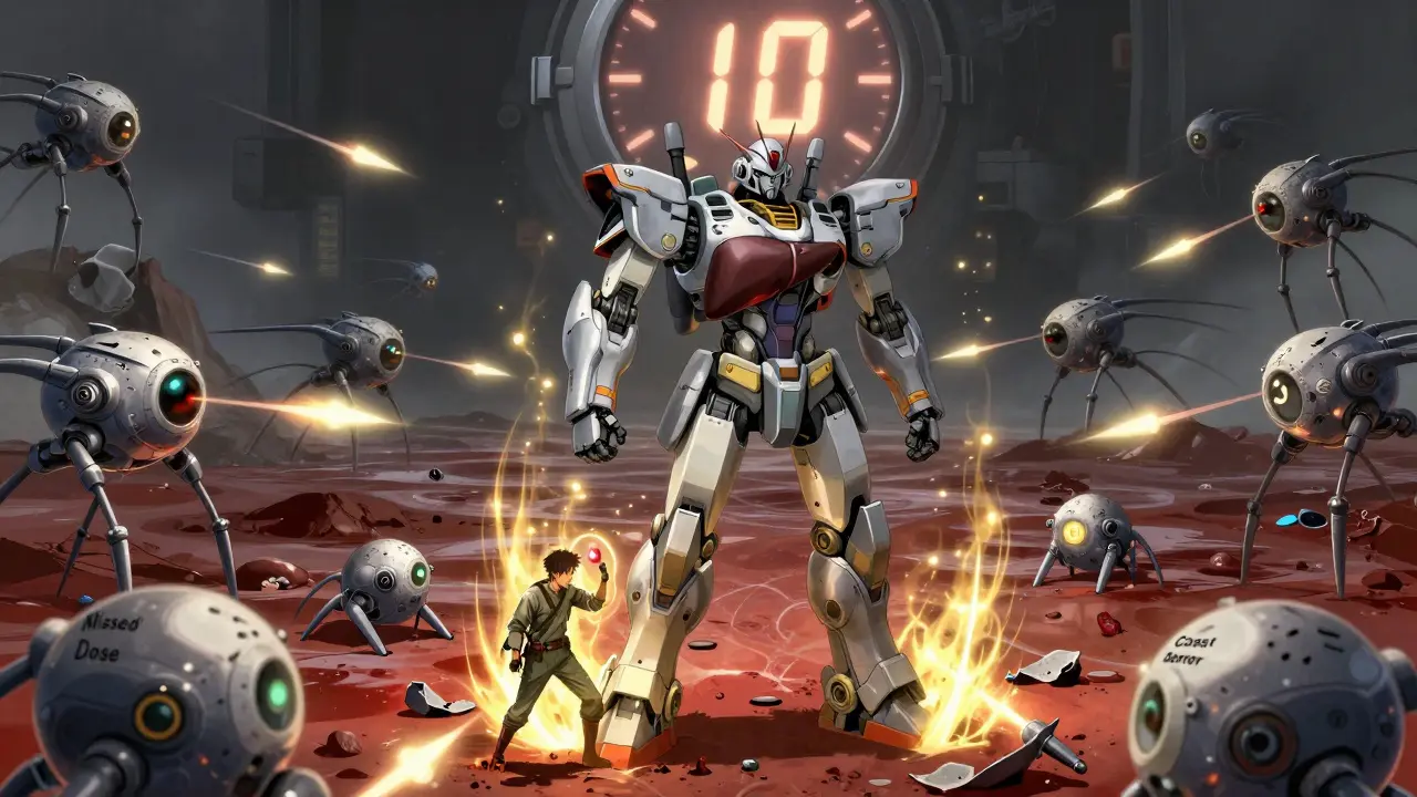 Liver mech defended by a soldier planting a pill shield against immune drones in a surreal internal battlefield.