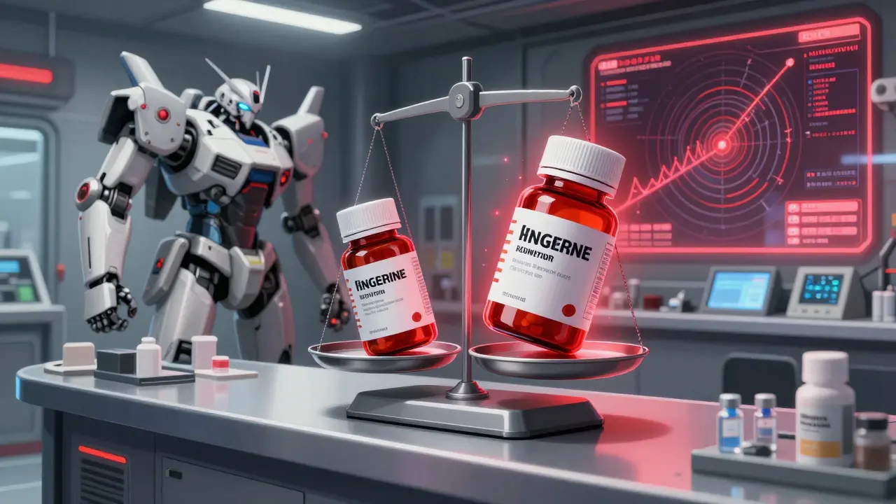 Pharmacist's counter with pill bottles on a scale, INR graphs spiraling out of control.