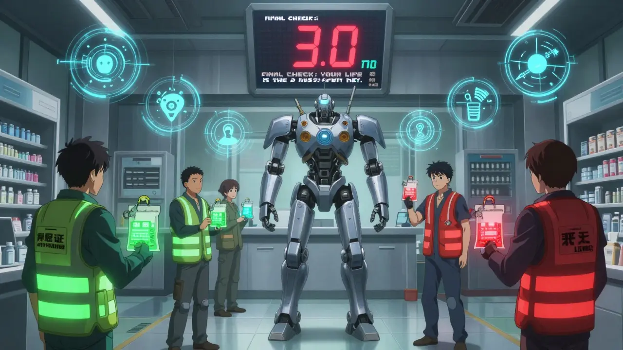 Pharmacy transformed into a high-tech control room, patients with glowing medication bags and countdown clock.