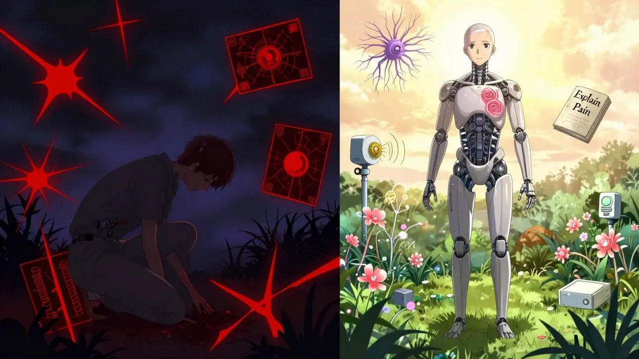 Split scene: left shows fear and pain signals, right shows calm and empowerment through neural transformation.