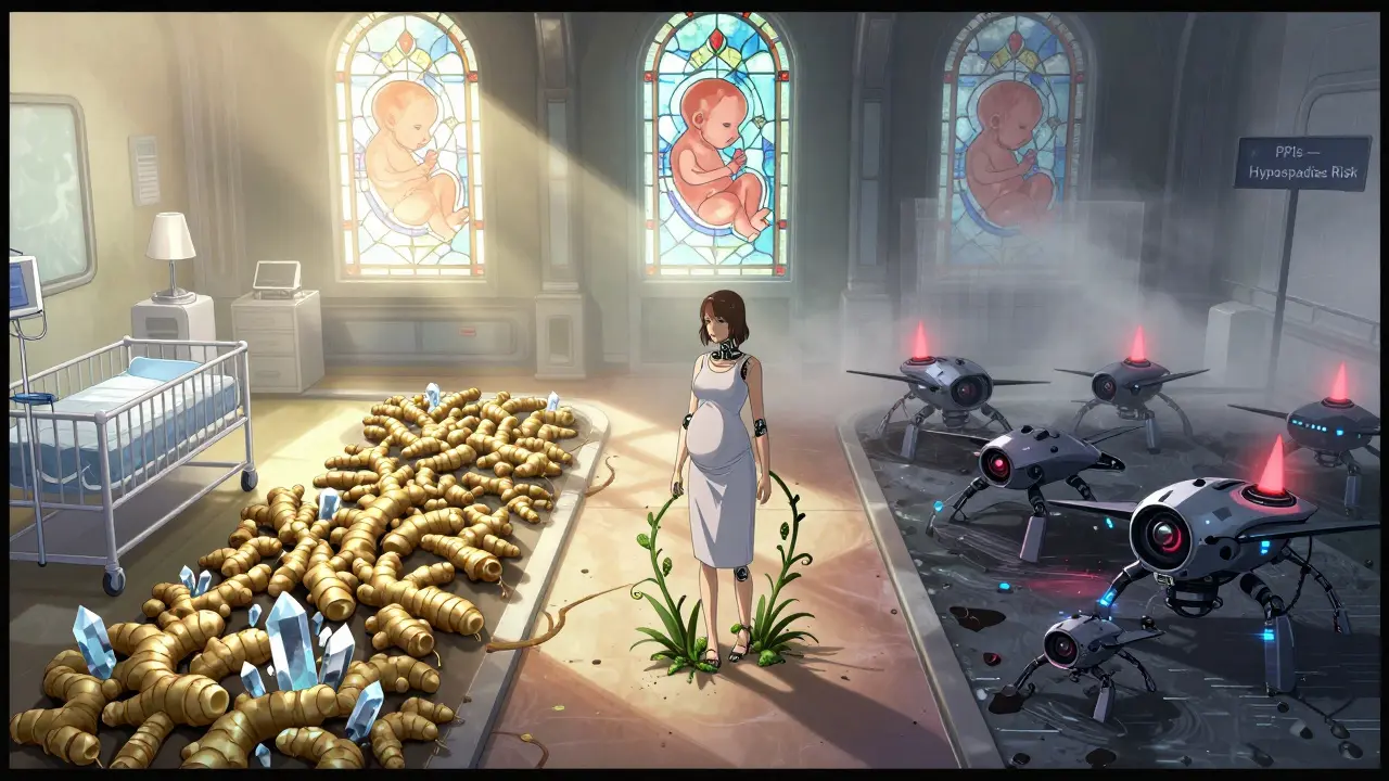 Three symbolic paths in a futuristic clinic — ginger route glowing safely, ondansetron path dark and warning-filled.