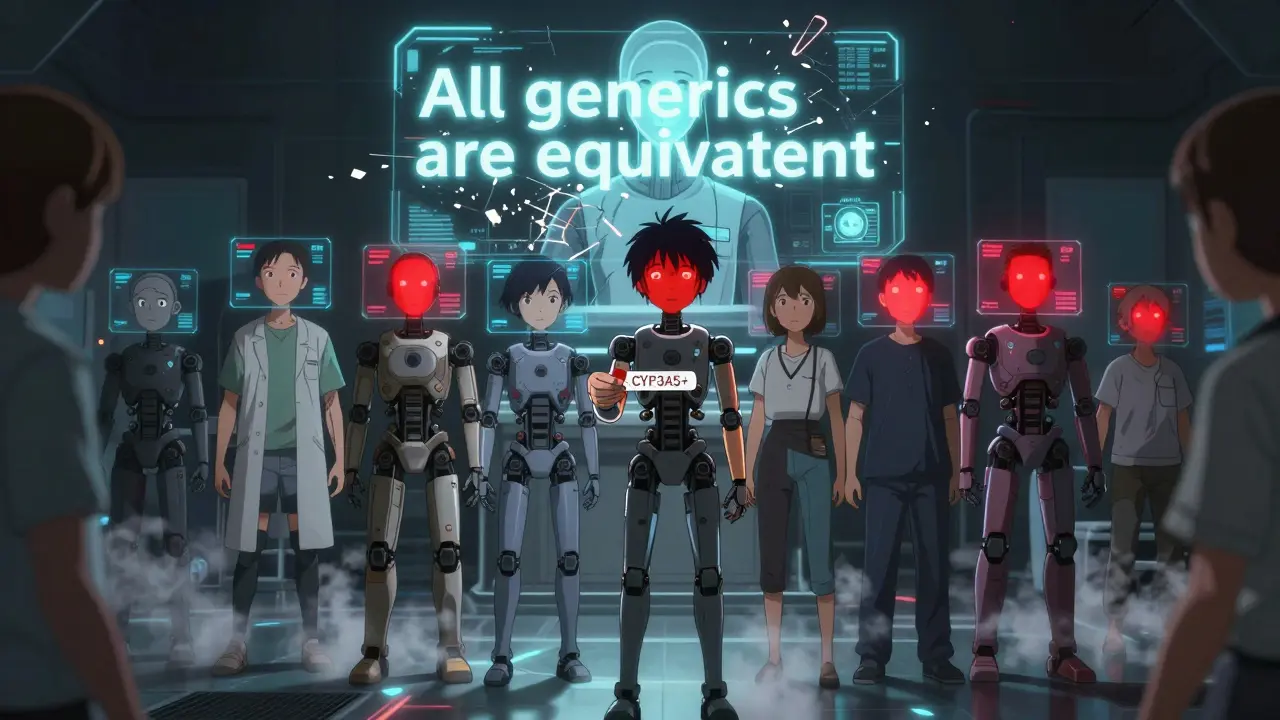 Transplant patients with individual bio-monitors showing unstable drug levels, standing before a holographic AI coordinator.