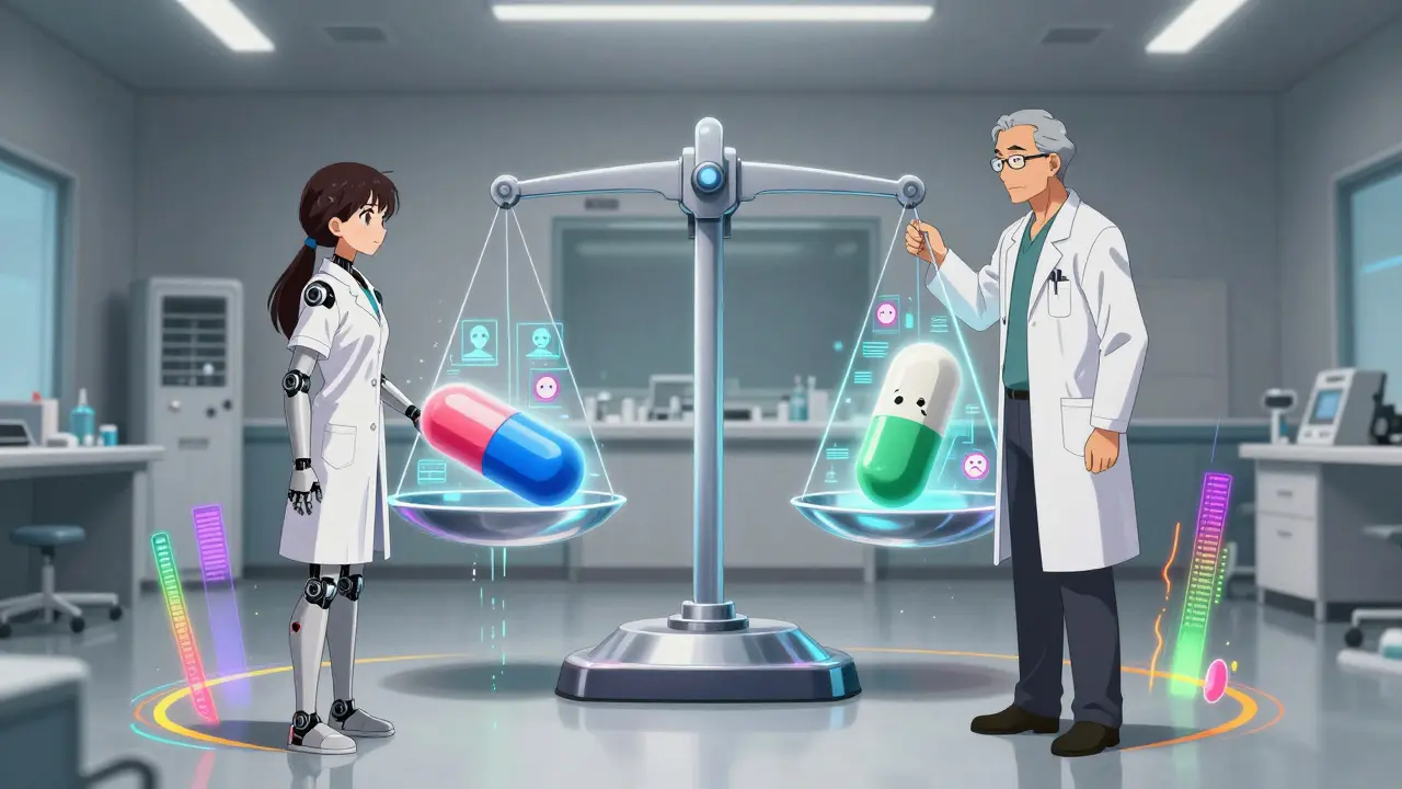 Two doctors face off as a holographic scale balances brand and generic pills with patient outcome visuals.