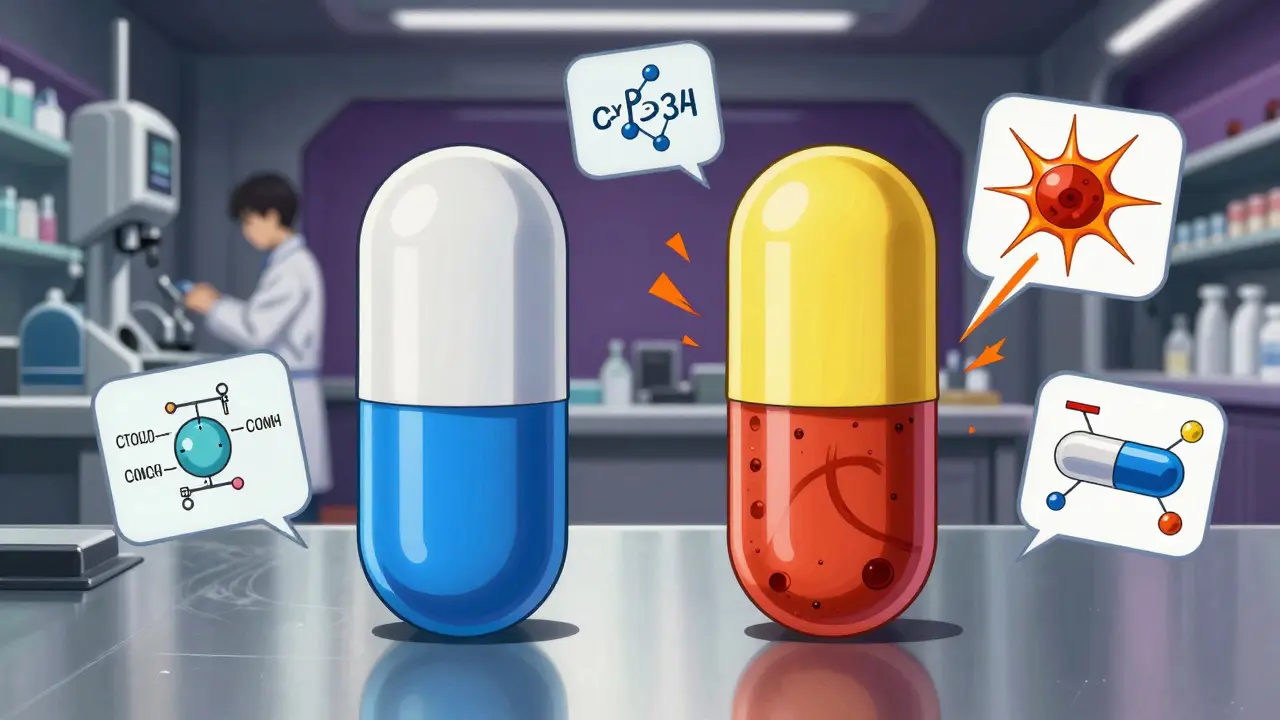 Two generic tacrolimus capsules side by side, one releasing smooth absorption waves, the other erratic spikes.