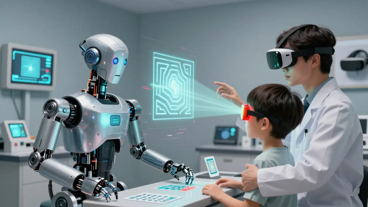 A child wearing red-green glasses, successfully focusing on a floating 3D pattern as robotic eye mechanics repair themselves.