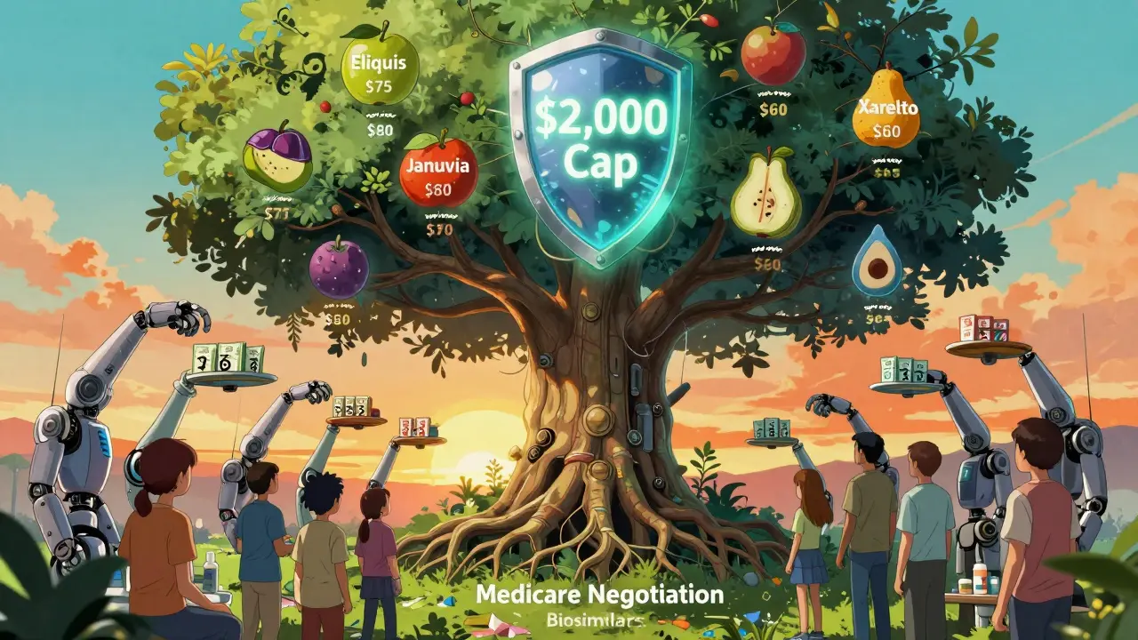 A futuristic drug pricing tree with lowered prices protected by a ,000 annual cap shield.