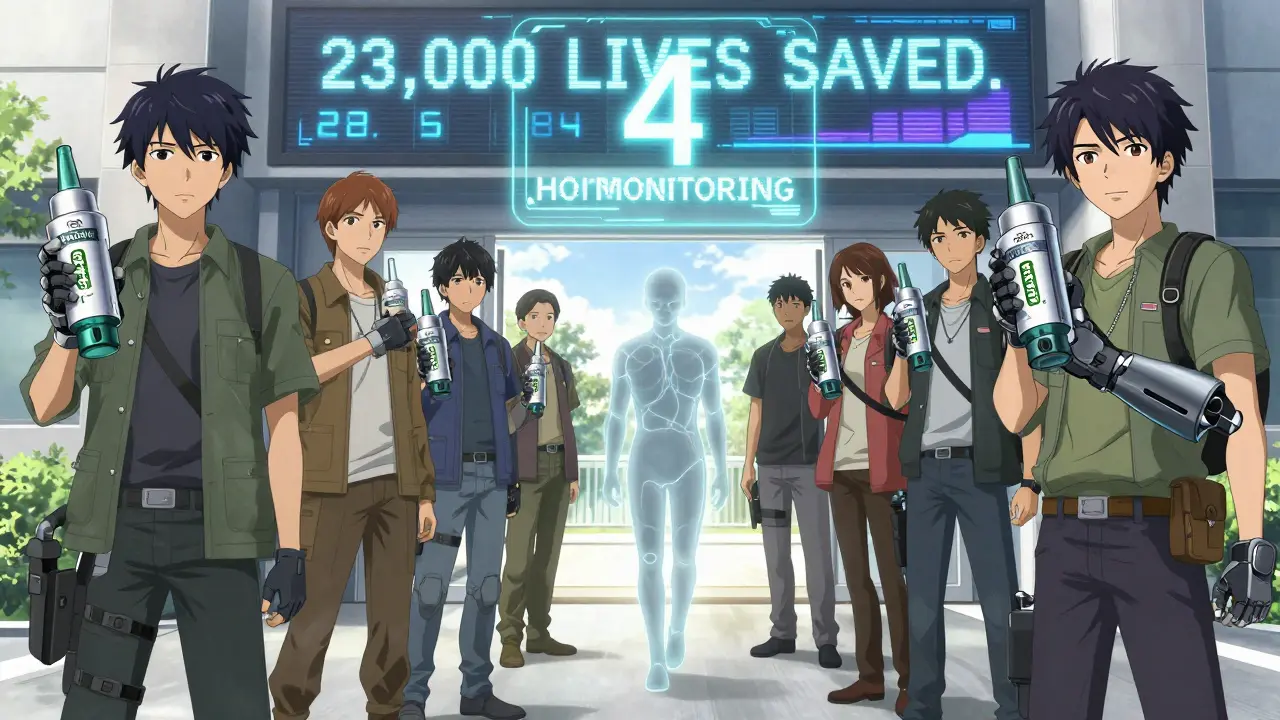 A group of people hold naloxone kits like tools of salvation, with a holographic countdown and a fading figure walking toward light, representing survival.