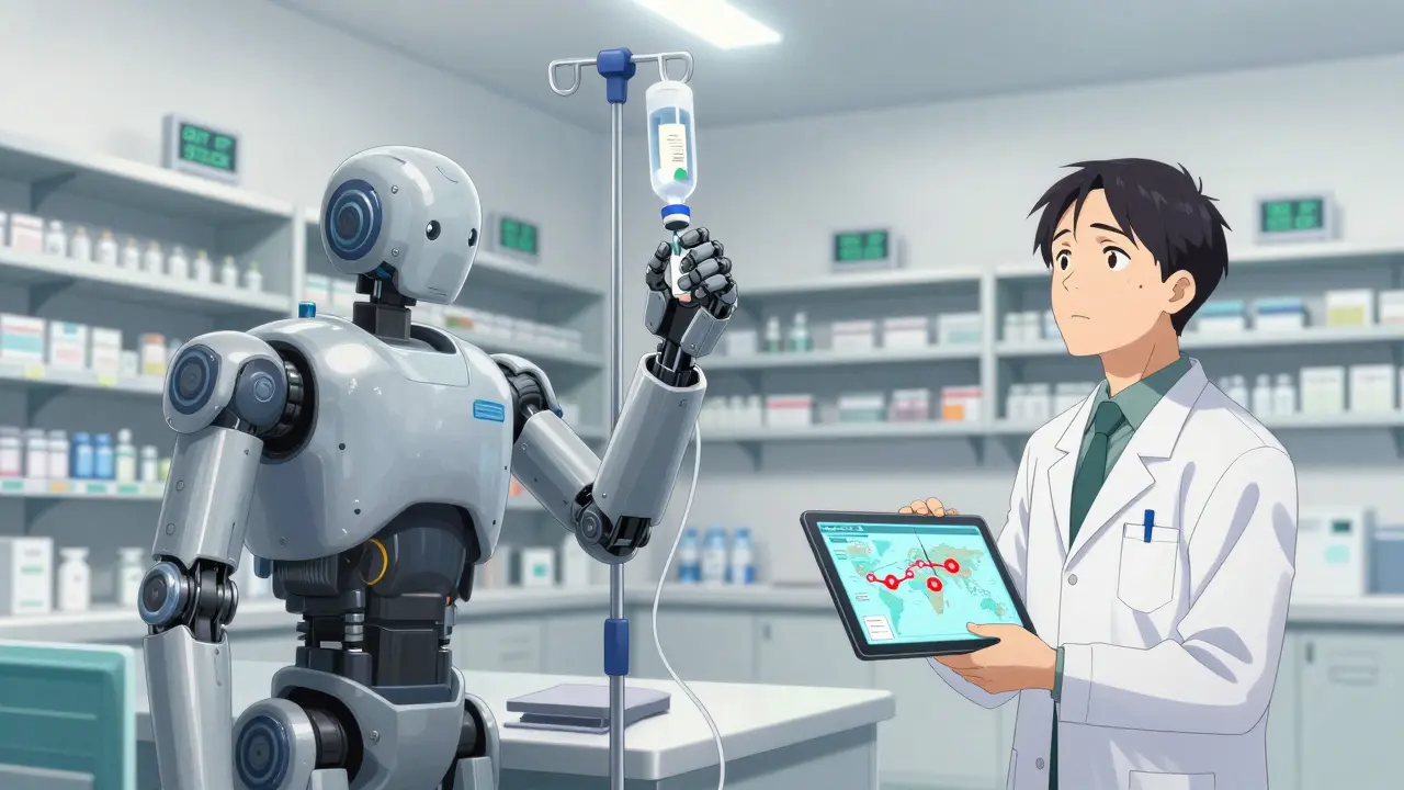 A hospital pharmacist surrounded by empty shelves, staring at a tablet showing global supply chain warnings.