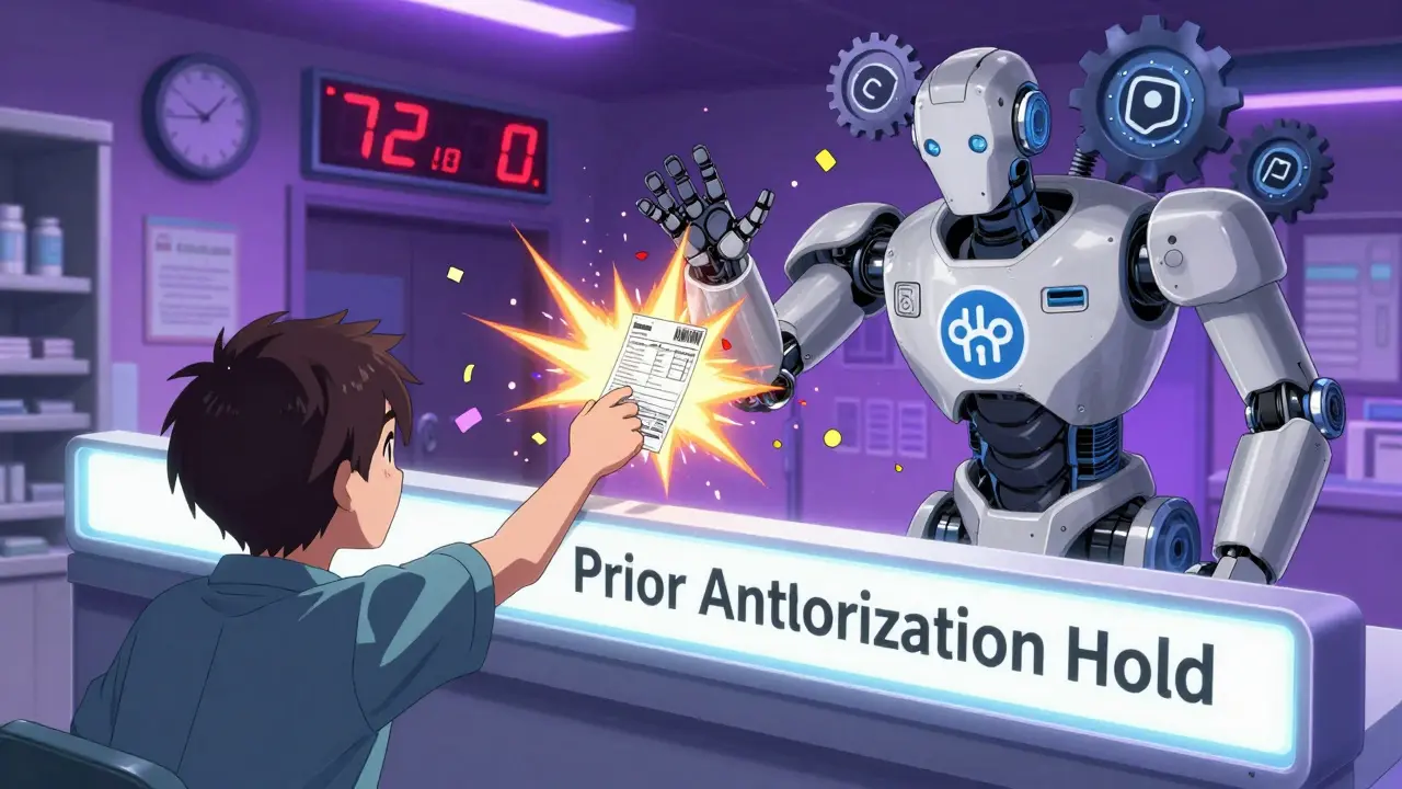 A patient reaching through a bureaucratic barrier labeled 'Prior Authorization' while digital clocks count down.