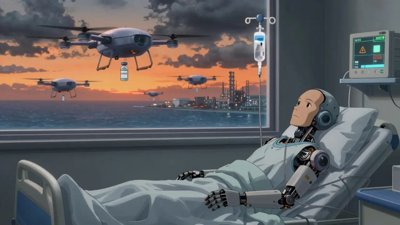 A patient receiving an alternative IV drip while drones fly over the ocean toward distant drug factories.