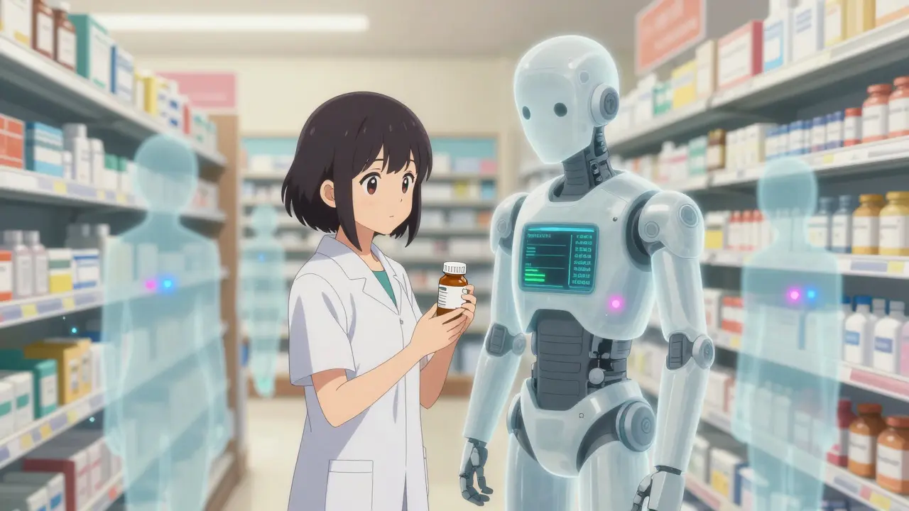 A patient stands beside a glowing AI guardian that displays real-time drug safety data in a pharmacy.