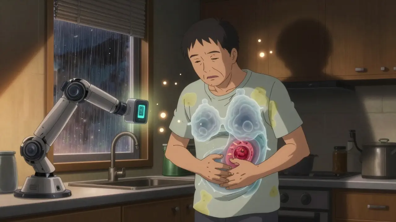 A person in a kitchen surrounded by floating symptoms of pancreatic cancer, with a robotic scanner detecting a hidden tumor.