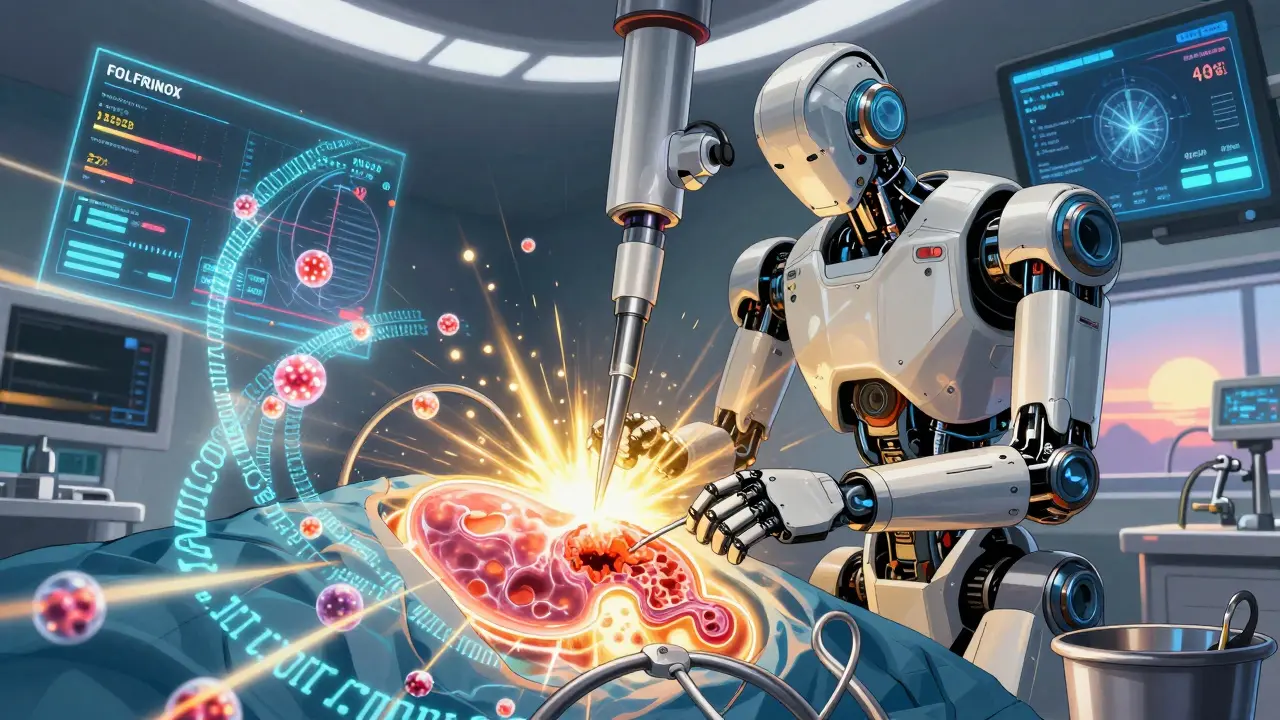 A robotic surgeon performing a Whipple procedure on a glowing pancreas, with data streams and rising survival rates in the background.