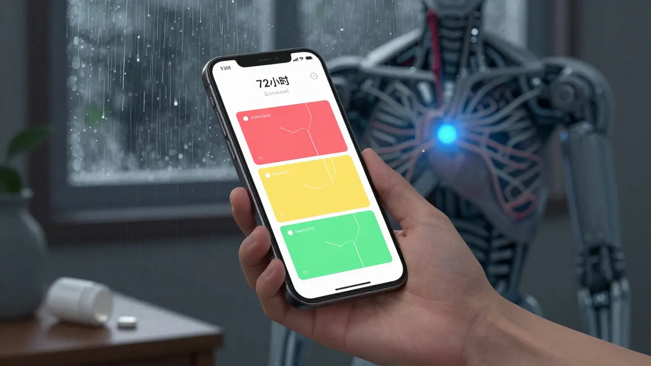 A smartphone app displays a predictive mood-adherence map, with internal biomechanical systems dimming as pills are skipped.