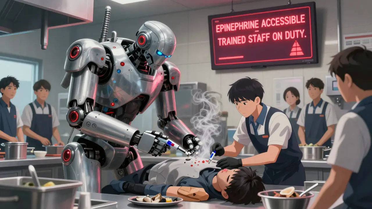 Cafeteria worker using EpiPen on coworker having allergic reaction in kitchen, digital alert on wall.