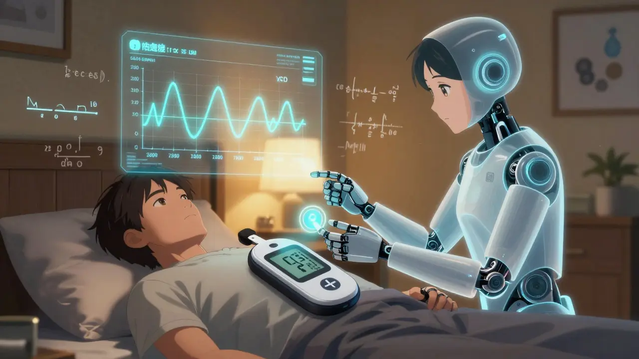 Diabetic patient at night with CGM projecting glucose timeline, assisted by calm AI interface with floating medical diagrams.