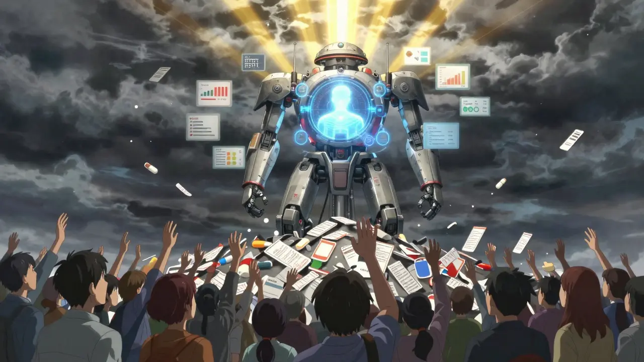 Giant FDA beacon tower projecting visual drug summaries as patients reach toward the light.