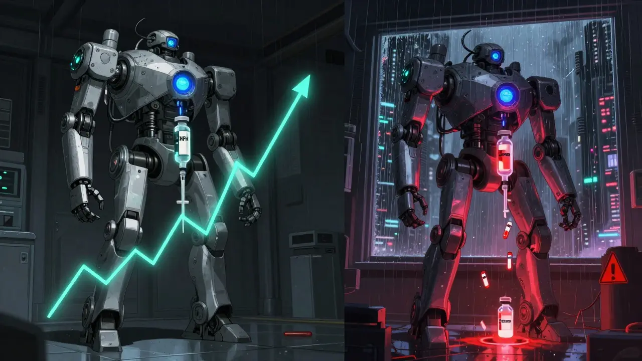 Mechanical insulin system activating and deactivating in sync with steroid dosage graphs, warning symbols glowing red.