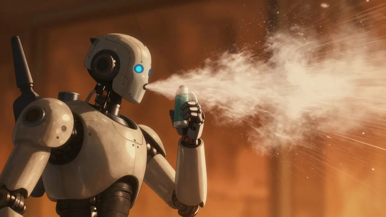 Robot inhaling powder from dry inhaler with strong airflow.