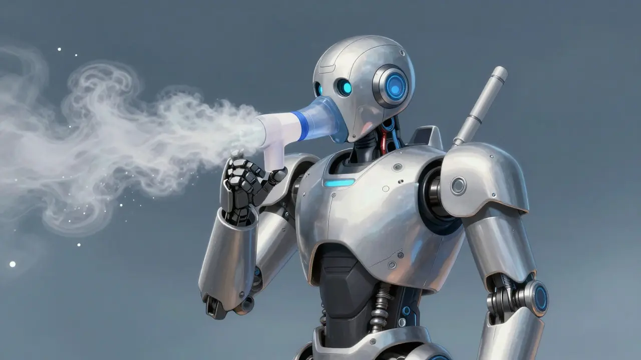 Robot using soft mist inhaler with slow medication particles.