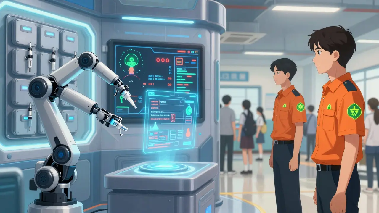 Robotic system deploying dual epinephrine injectors in school emergency hub with holographic instructions.