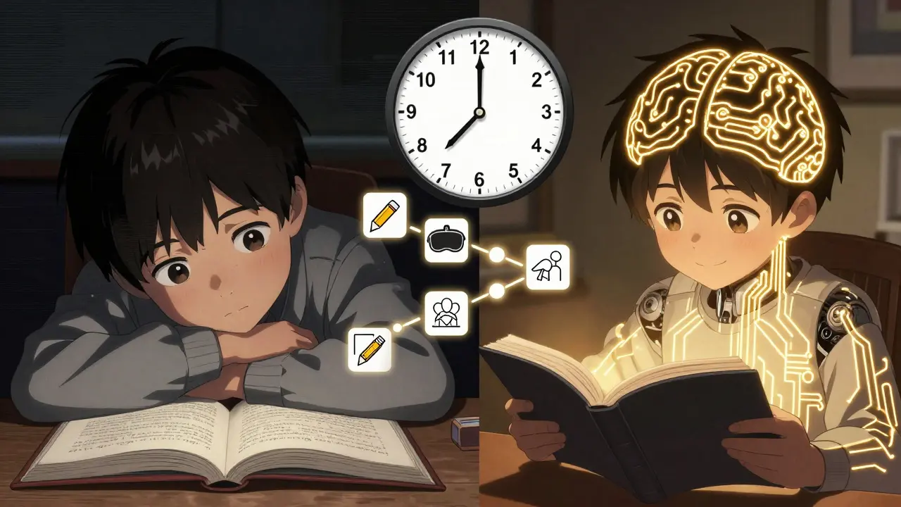 Split image: one side shows a struggling child with distorted vision, the other shows them reading happily with aligned, glowing eyes.