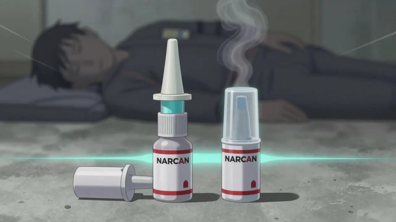 Two naloxone nasal spray devices side by side—one used, one ready—with glowing energy lines connecting them, symbolizing the need for a second dose.