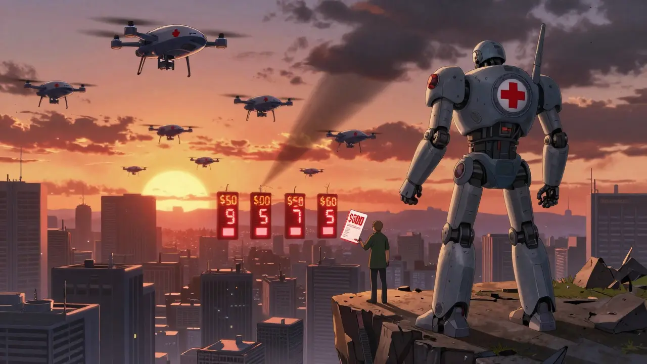 A crumbling city of brand-name drugs falling into a valley filled with generic drone-ships as a patient watches prices drop dramatically.